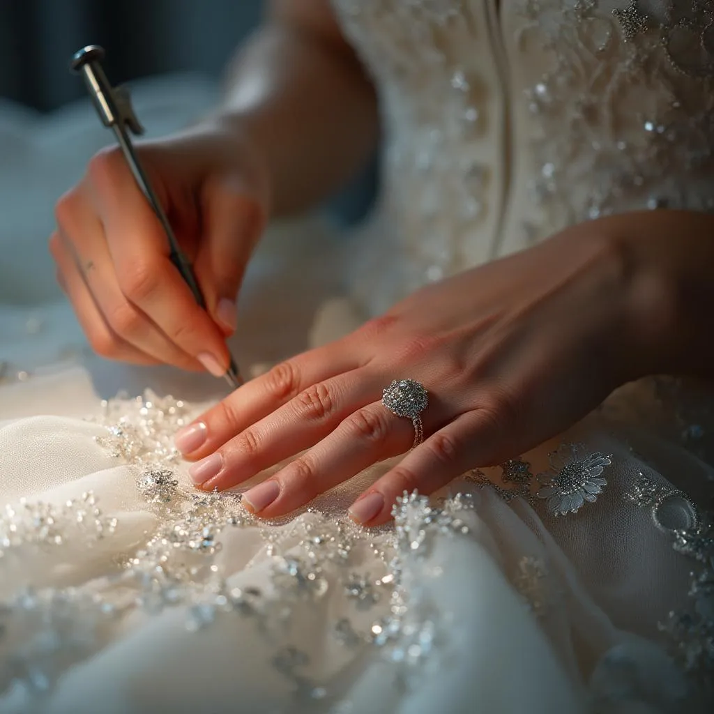 Detailaufnahme von Handarbeit an einem Kleid